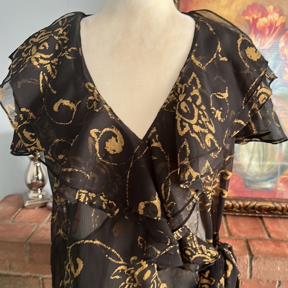 Lauren Ralph Lauren Black/Gold Sheer Wrap Women’s Blouse Size 10 - Picture 2 of 10